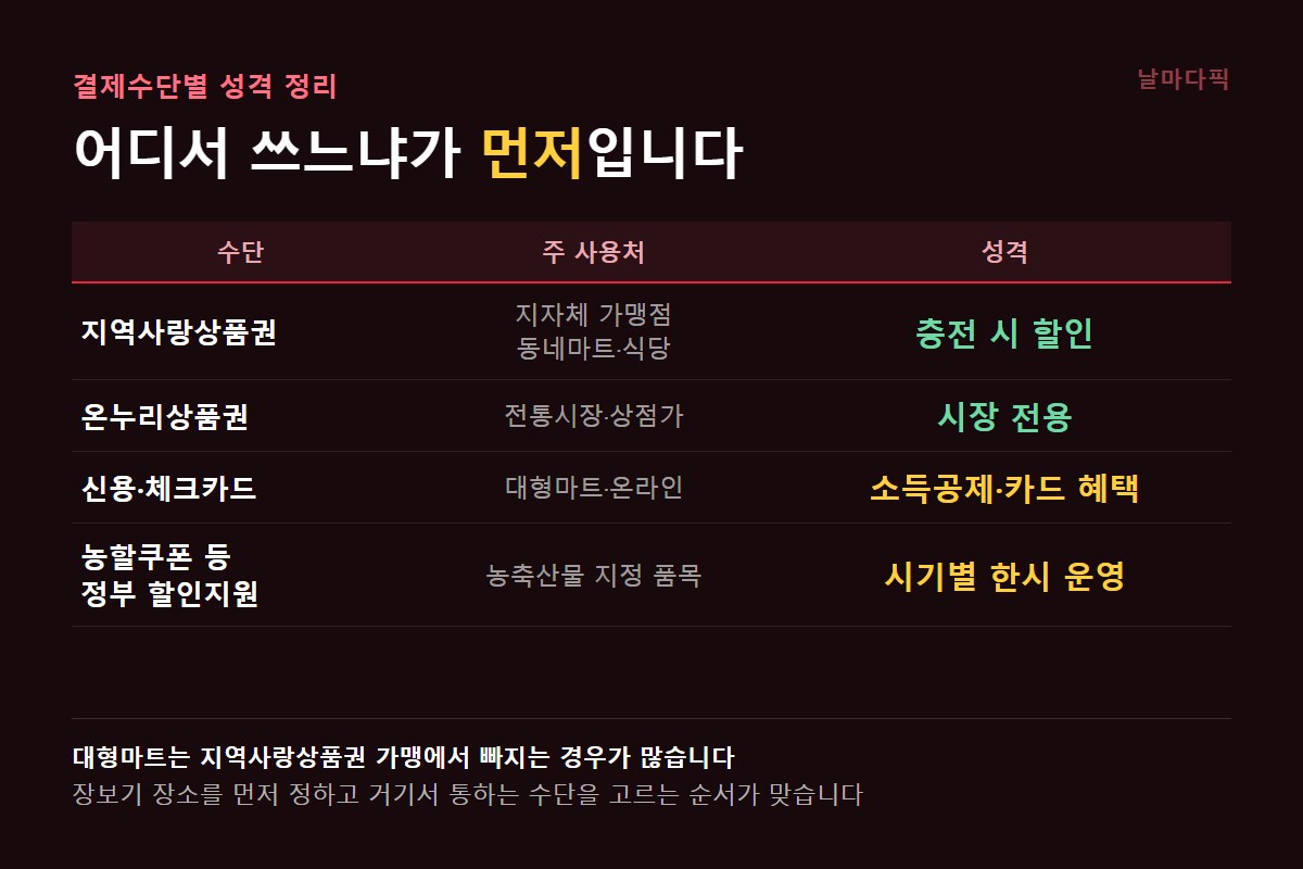 결제수단별 사용처와 성격 비교